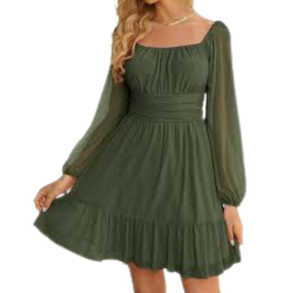 Exlura Olive Green Square Neck Cutout Back Mini Dress Terylene Babydoll XL Boho